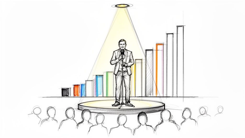 Sketch of a male speaker on stage with a microphone under a spotlight, addressing an audience with a growing bar chart.