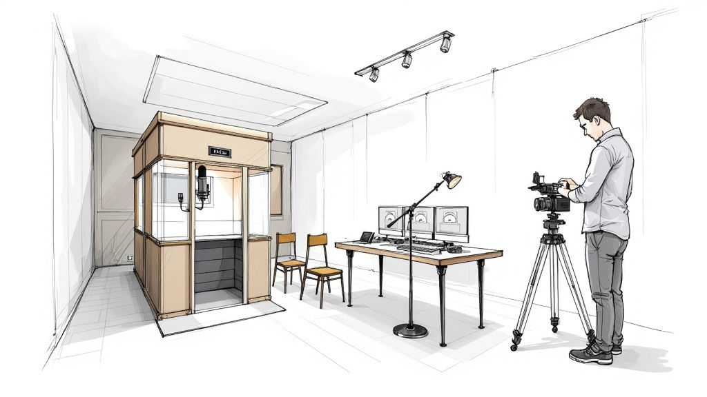 An illustrated view of a professional recording studio, featuring a sound booth, editing desk, and videographer.