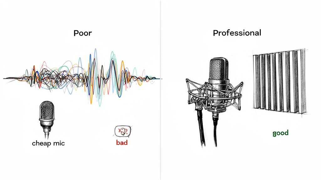 Visual comparison of poor audio from a cheap mic versus professional sound with studio equipment and acoustic treatment.