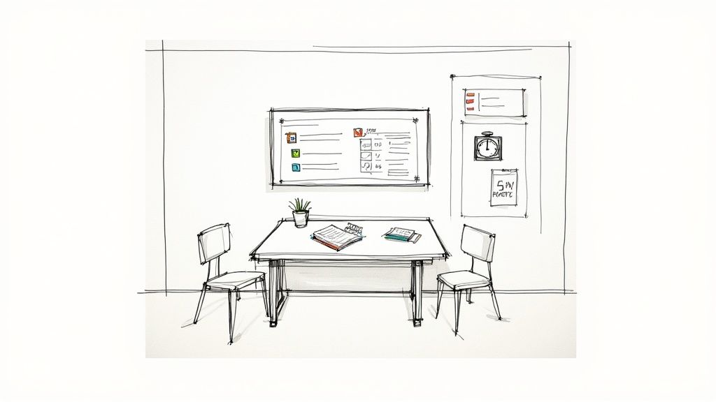 Hand-drawn sketch of a minimalist meeting room with a central table, chairs, and whiteboard.