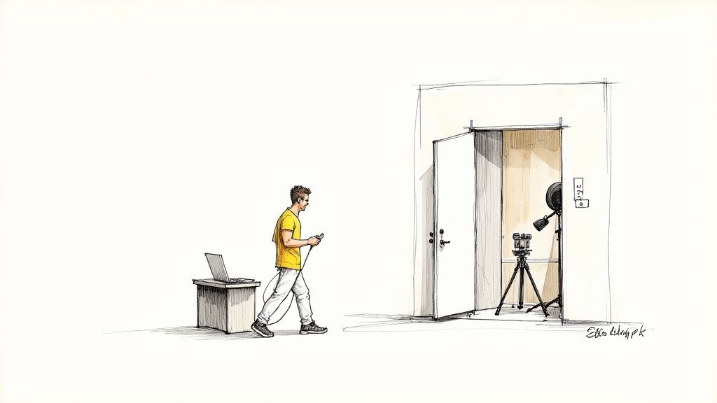 A man connects a laptop to recording equipment, preparing for a podcast in a studio.