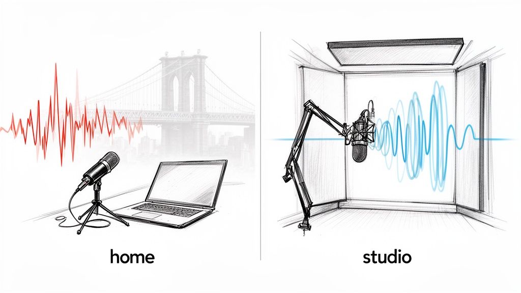 An illustration comparing a home podcast recording setup with city noise to a professional studio setup.