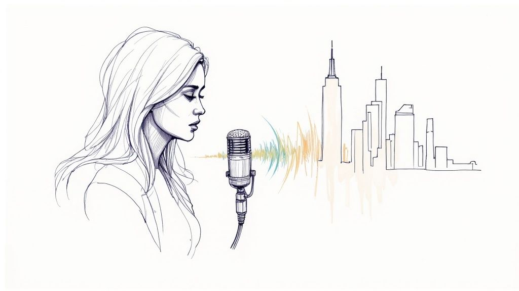 Stylized sketch of a woman speaking into a vintage microphone, sound waves reaching a city skyline.