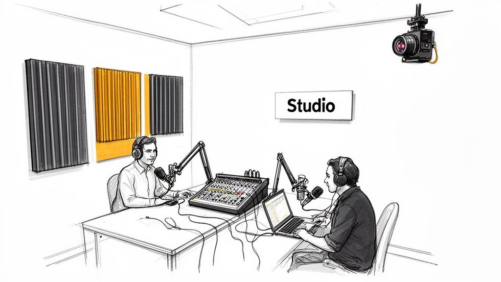 Illustration of two men podcasting in a studio with a mixer, microphones, and sound panels.
