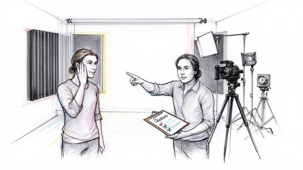 A sketch illustrating a content creation studio setup with a camera, lighting, and two people, one holding a 'Questions' clipboard.