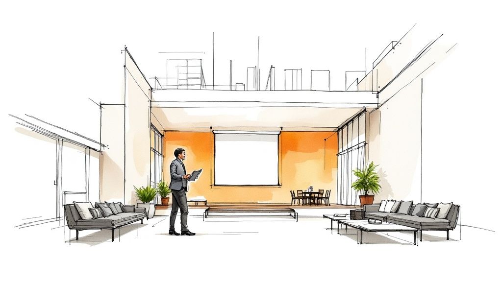 Architectural sketch of a contemporary event space featuring a presenter, screen, seating, and plants.