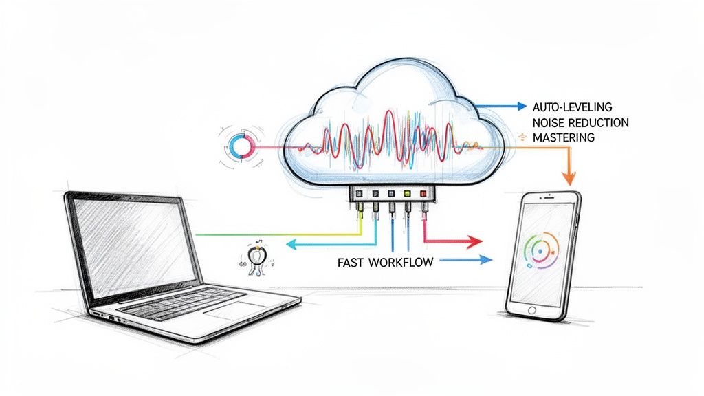 Cloud-based audio processing workflow diagram: laptop to cloud, featuring auto-leveling, noise reduction, mastering, then to phone.