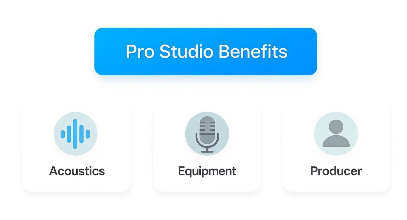 An image outlining pro studio benefits: acoustics, equipment (microphone), and producer (person icon).