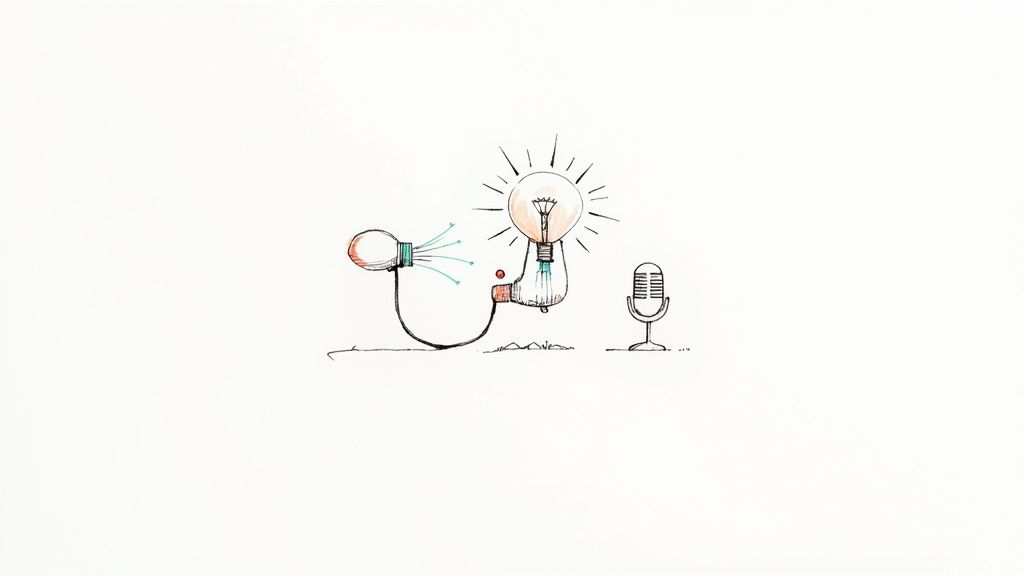 An illustration showing a smaller lightbulb feeding ideas into a glowing lightbulb, next to a microphone.