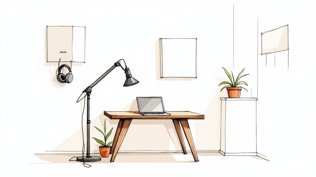 A clean, hand-drawn illustration of a home office featuring a desk, laptop, and floor lamp.