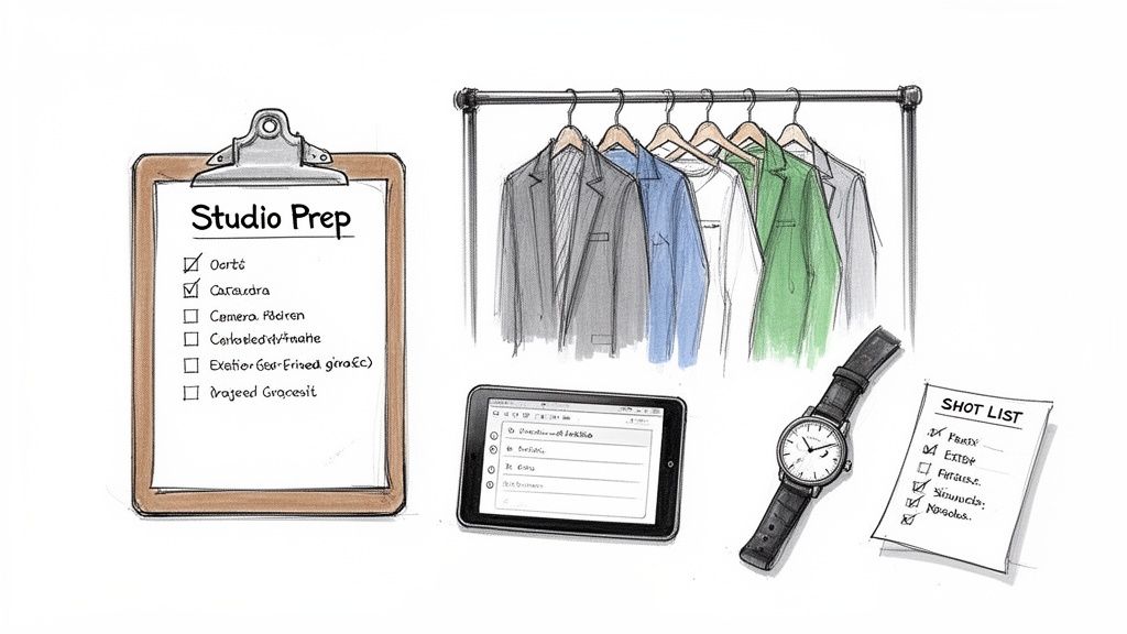 An illustration showing studio preparation with checklists, clothing rack, tablet, and a watch.