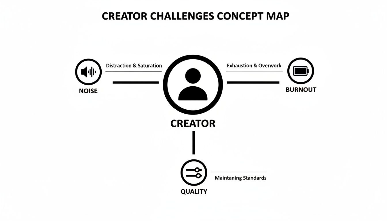 A concept map detailing creator challenges: noise, burnout, and maintaining quality standards.