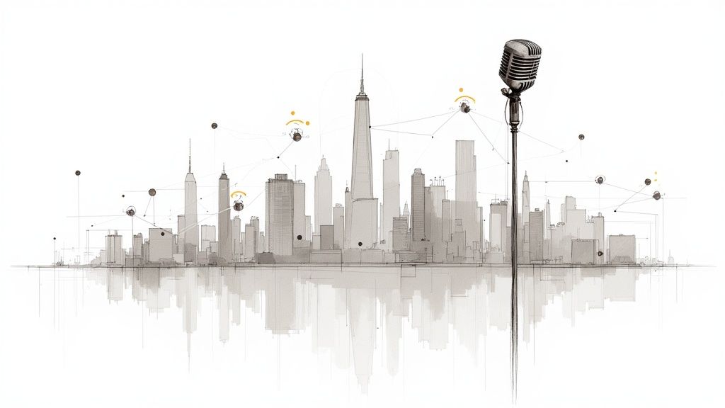 Artistic sketch of a city skyline with a vintage microphone and connecting network lines.