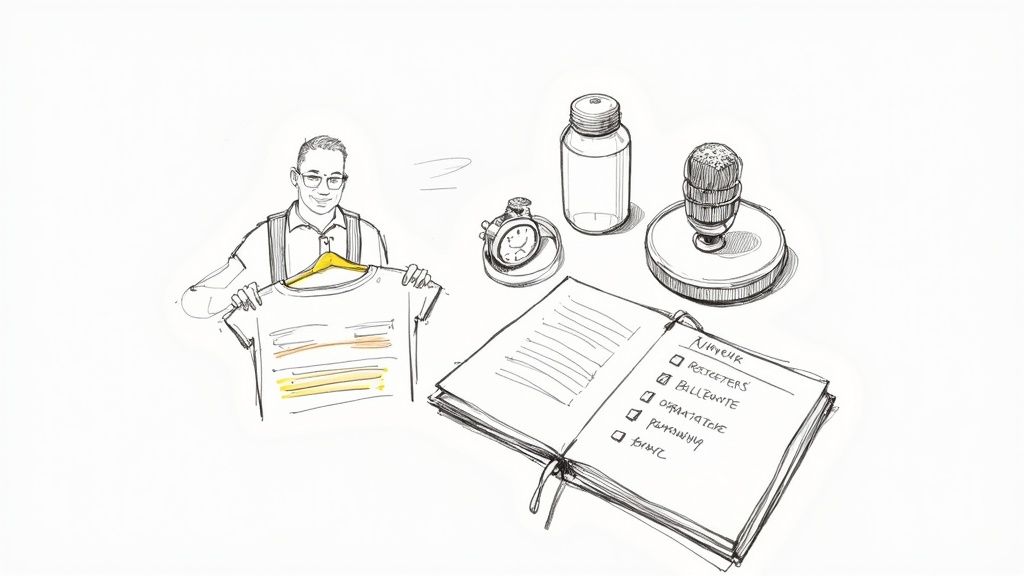 Hand-drawn sketch of a man with a t-shirt, stopwatch, bottle, microphone, and a checklist notebook.