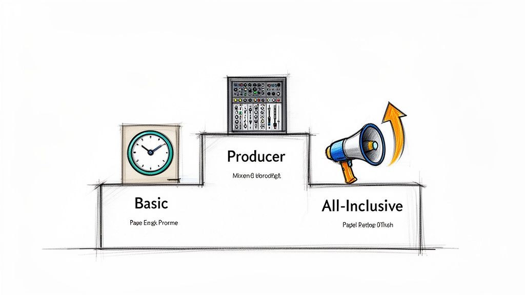A three-tiered diagram showing Basic, Producer, and All-Inclusive service levels with icons.