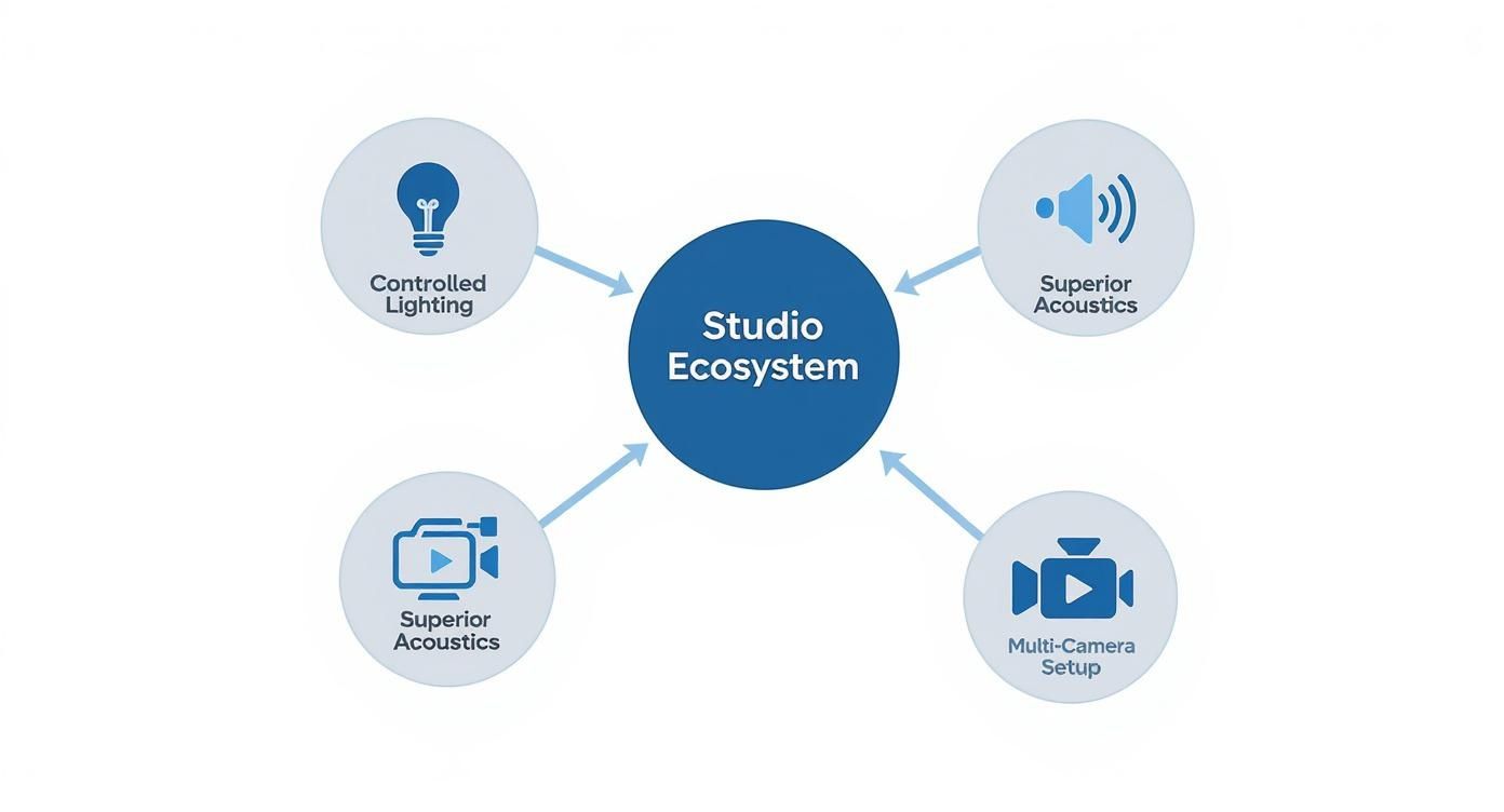 Diagram showing a studio ecosystem built with controlled lighting, superior audio, video production, and multi-camera setup.
