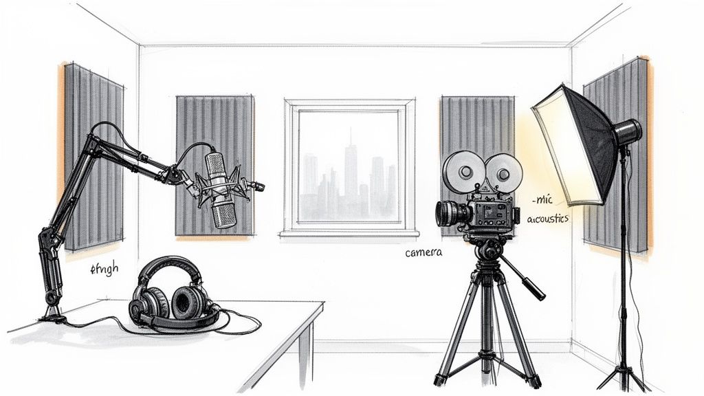 Detailed sketch of a recording studio setup with a microphone, headphones, vintage camera, and softbox light.