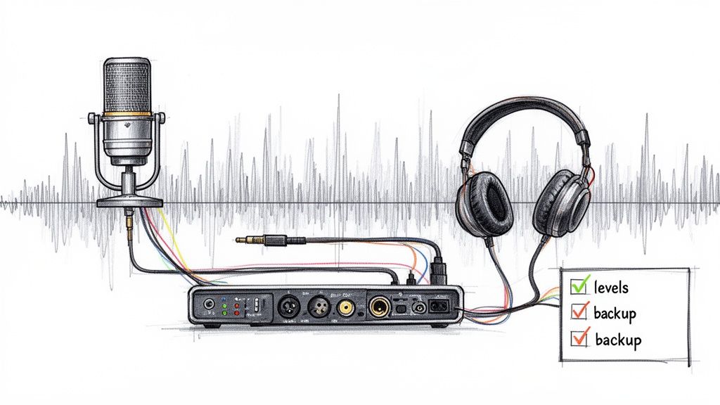 Audio recording setup with a microphone, headphones, audio interface, and a checklist for levels and backup.