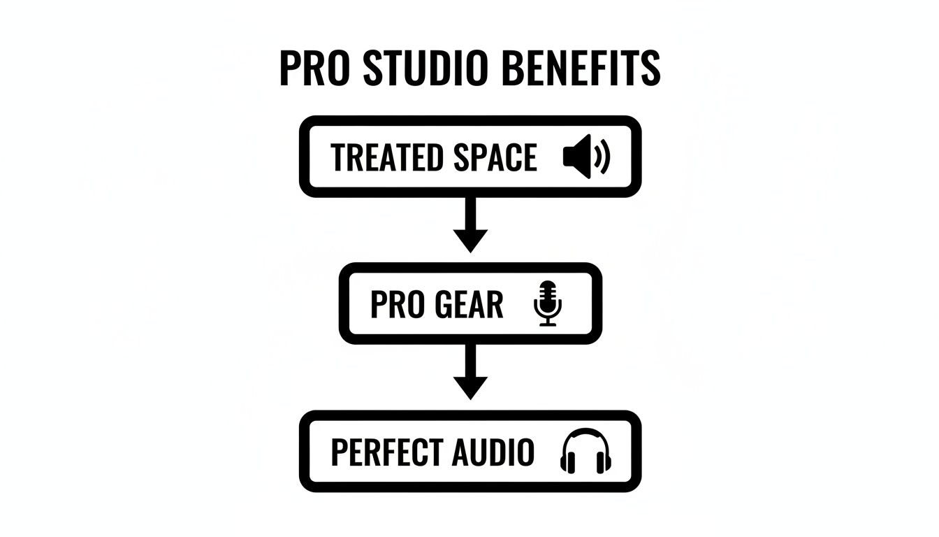 Flowchart showing professional studio benefits: treated space, pro gear, leading to perfect audio.