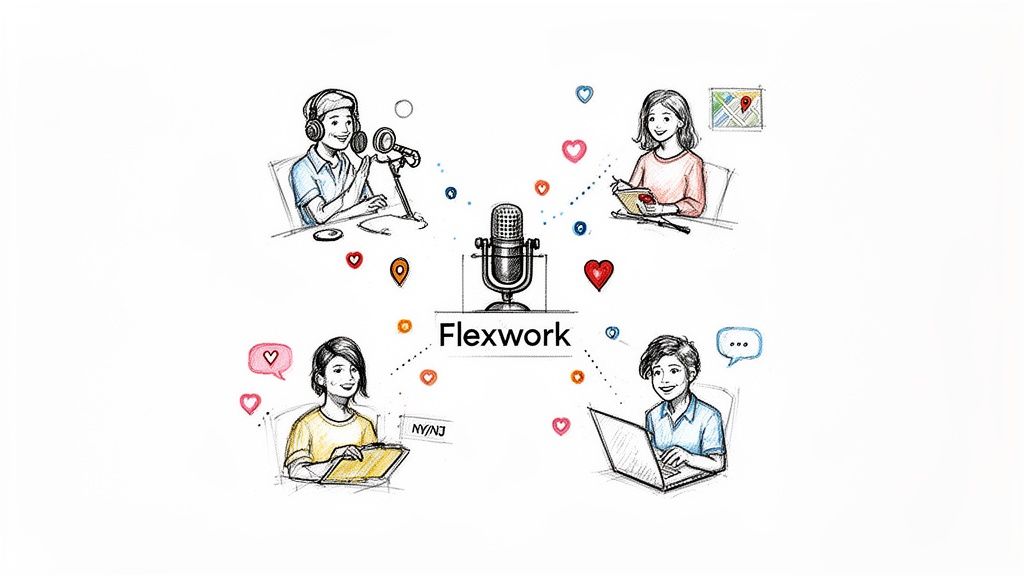 Illustration of four diverse individuals engaged in flexible work, connected around a microphone for collaboration.