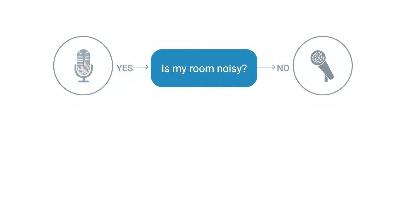 Flowchart asks 'Is my room noisy?', showing a classic microphone for 'YES' and a modern one for 'NO'.