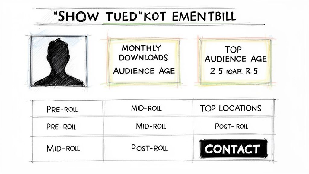 A hand-drawn sketch of a podcast media kit, detailing audience demographics, ad placements, and contact.