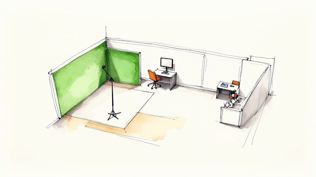 An isometric drawing of a modern studio space with a green screen, microphone, and two workstations.