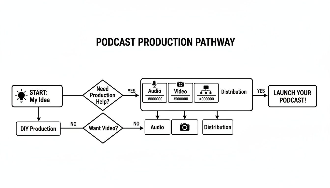 Flowchart illustrating the podcast production pathway, from initial idea to final launch.