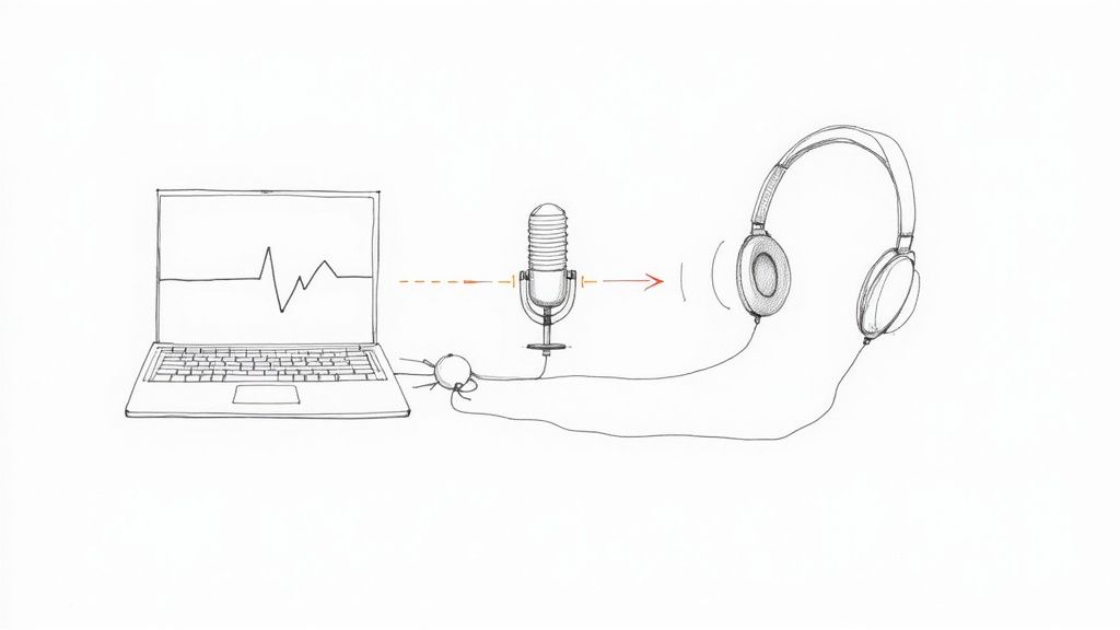 Sketch of a home podcasting setup with a laptop, microphone, headphones, and audio interface.