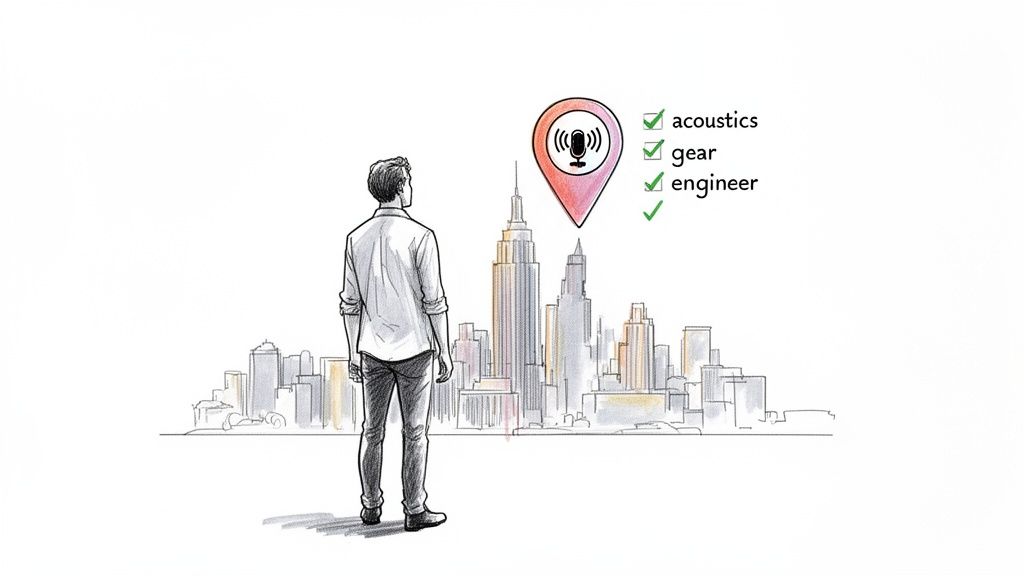 Man views a city skyline with a podcast studio map pin and a checklist of essentials.