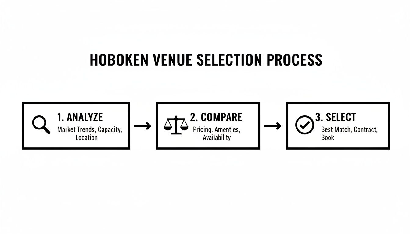 Diagram illustrating the Hoboken venue selection process with three steps: Analyze, Compare, and Select.