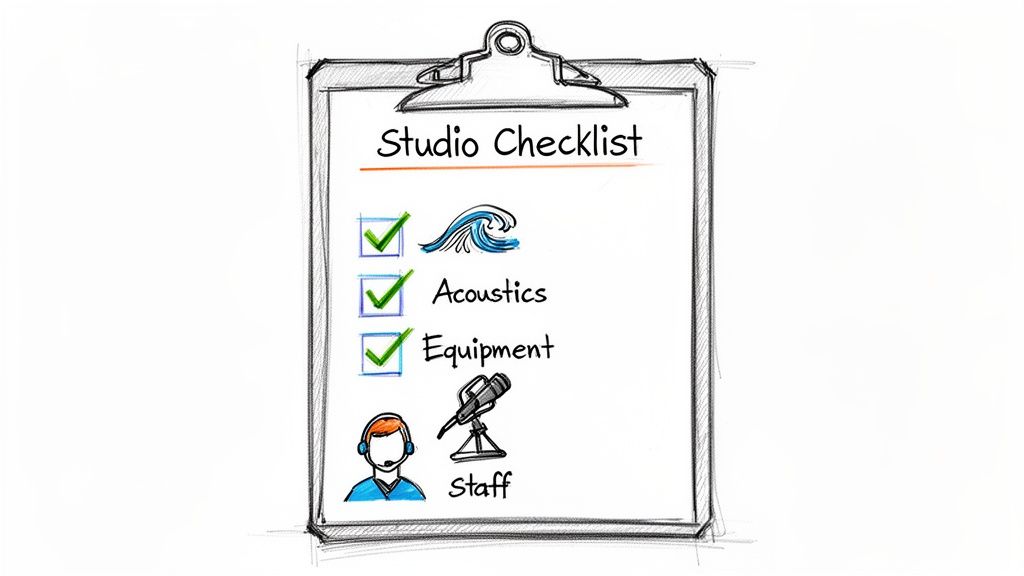 A hand-drawn studio checklist on a clipboard with items: waves, acoustics, equipment, and staff.
