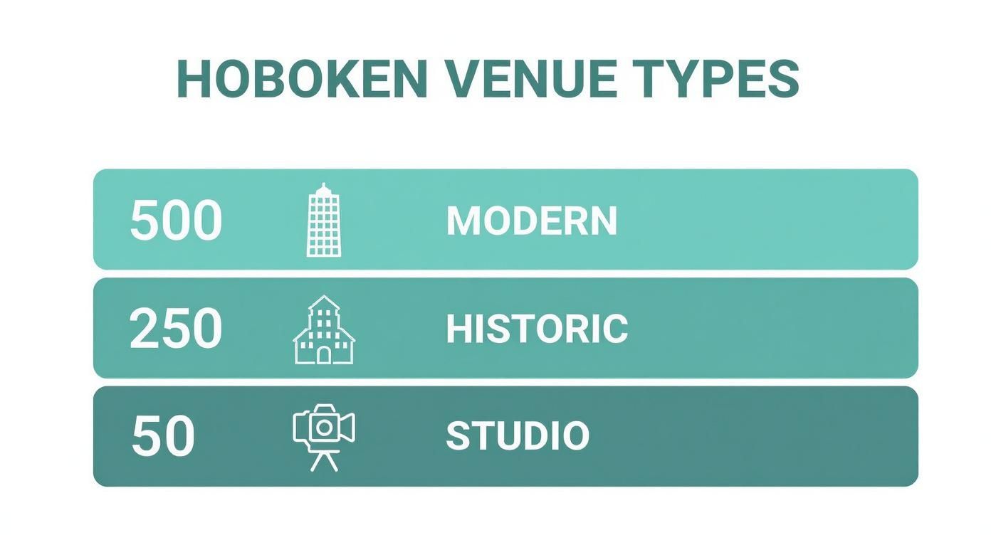 Infographic showing Hoboken venue types: Modern (500), Historic (250), and Studio (50).