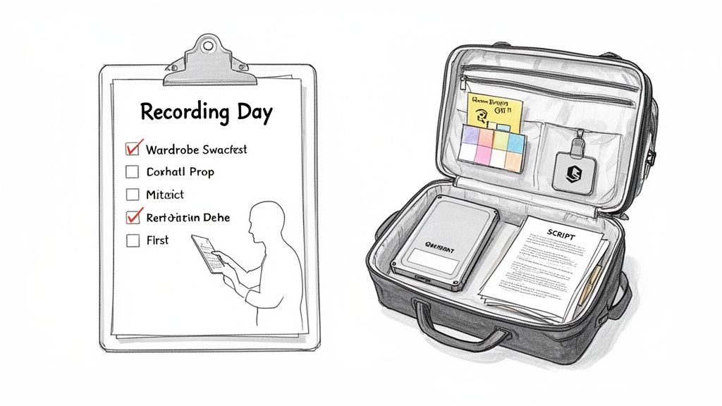 A checklist for 'Recording Day' with items checked and an open bag containing a script, hard drive, and other essentials.
