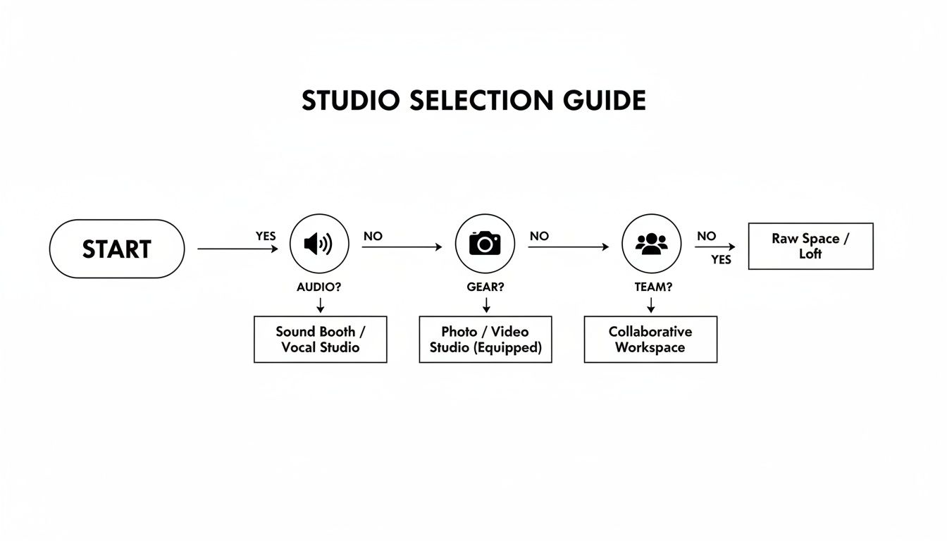 A studio selection guide flowchart for choosing between audio, gear, team, or raw space needs.