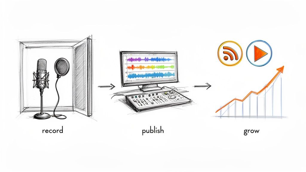 Diagram showing the podcast creation process: recording audio, publishing, and audience growth.