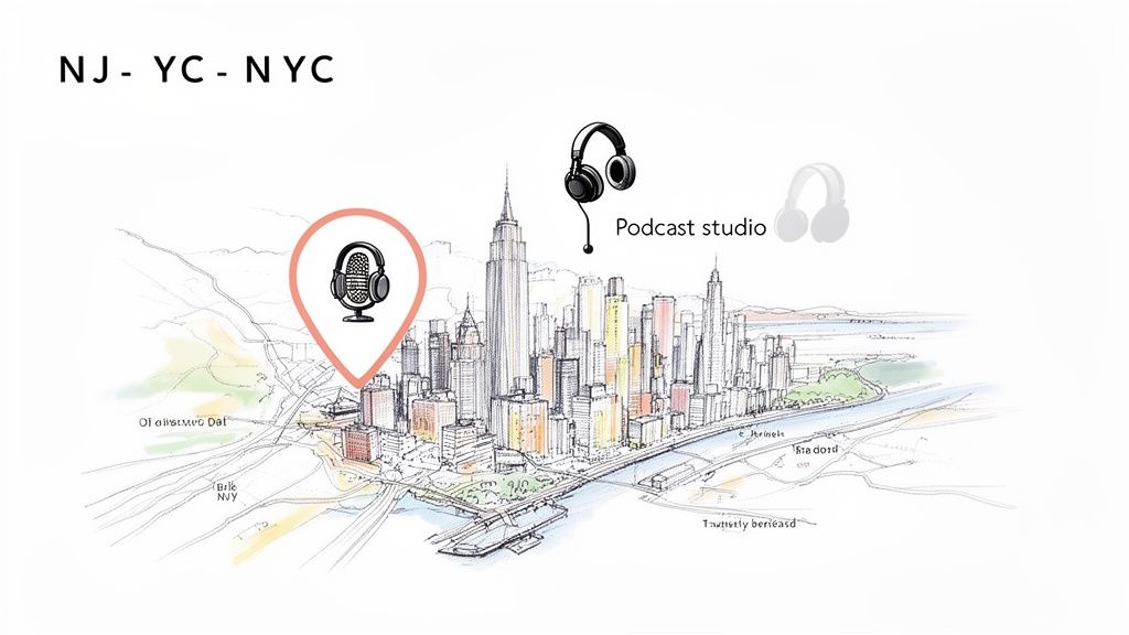 Hand-drawn map of New York City skyline, marking a podcast studio location with icons.