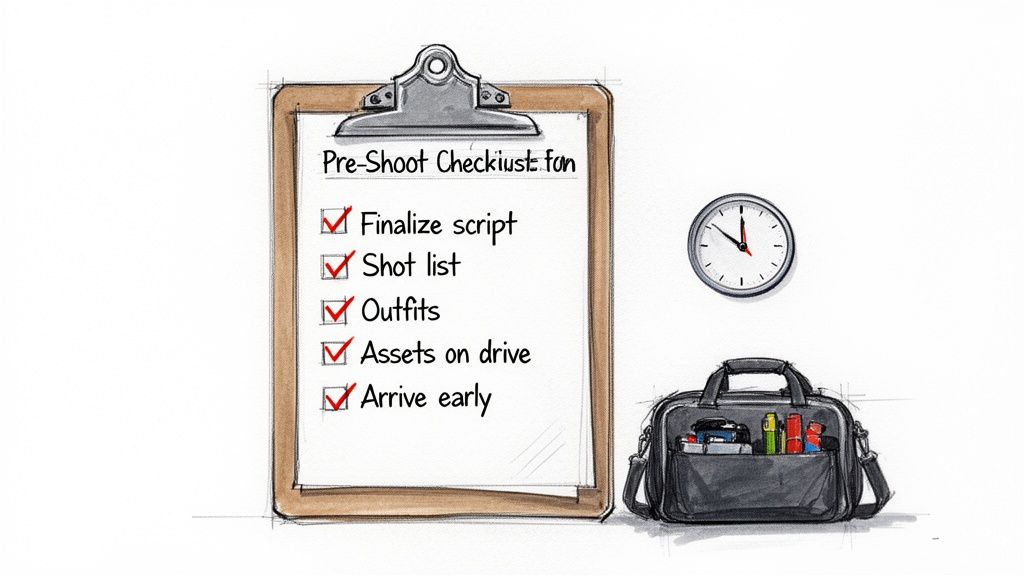 An illustrated pre-shoot checklist with completed tasks, a clock, and a bag with supplies.