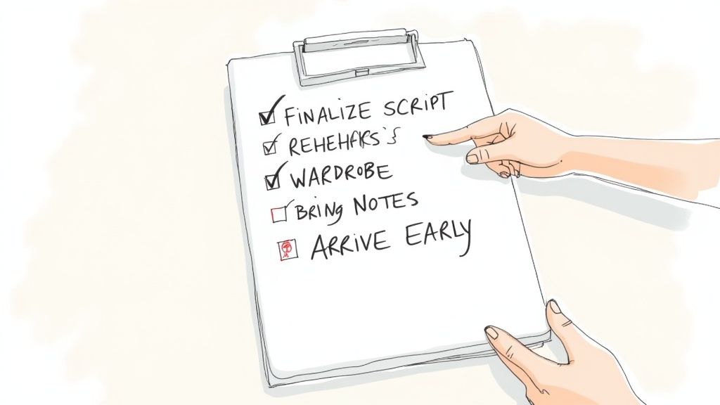 A person's hands point to a clipboard with a checklist of tasks such as 'Finalize Script' and 'Rehearsals'.