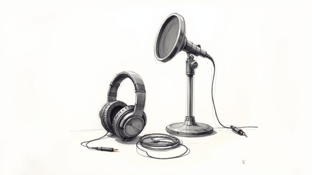 A black and white sketch of studio headphones, a microphone with a pop filter on a stand, and audio cables.