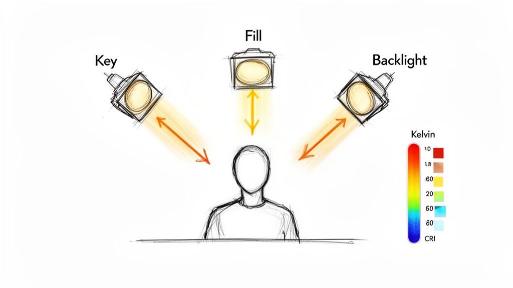 An illustration of a three-point lighting setup, showing key, fill, and backlight for a person, with a Kelvin scale.