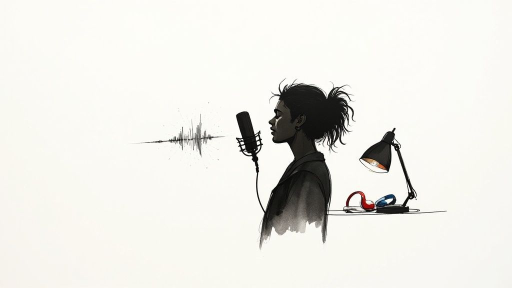Stylized illustration of a person speaking into a microphone with sound waves, a lamp, and headphones.