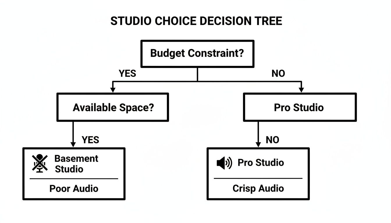 Decision tree illustrating studio choice options based on budget constraints and available space, impacting audio quality.