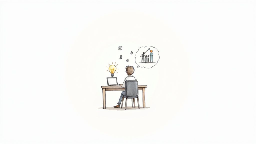 Illustration of a person working on a laptop, with a lightbulb representing an idea, and thoughts about podcasting and earning.