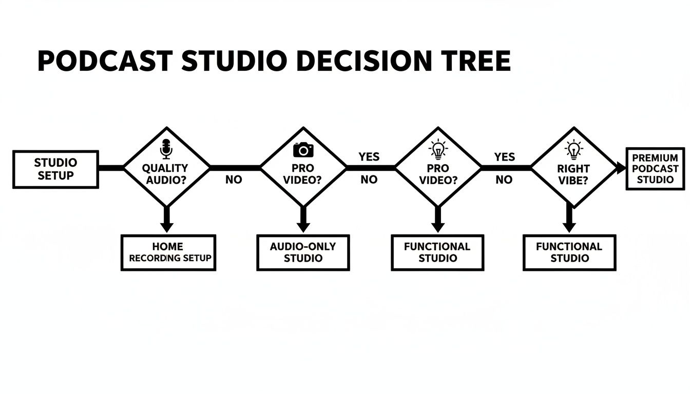 Podcast studio decision tree flowchart, guiding setup based on audio, video, and overall studio vibe.