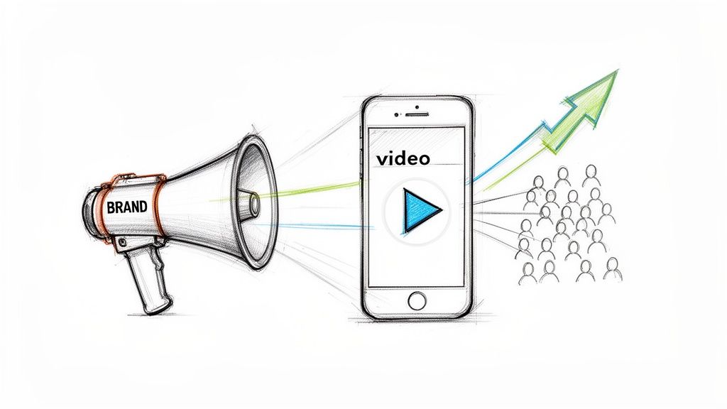Sketch: megaphone broadcasting brand video content to mobile users, leading to audience growth.