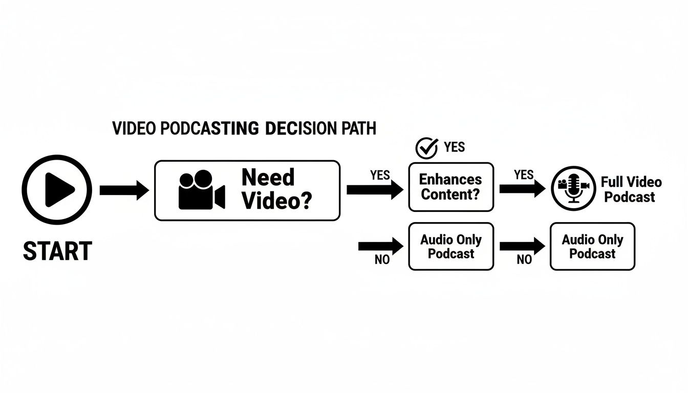 Flowchart illustrating the decision path for video podcasting, leading to full video or audio-only options.