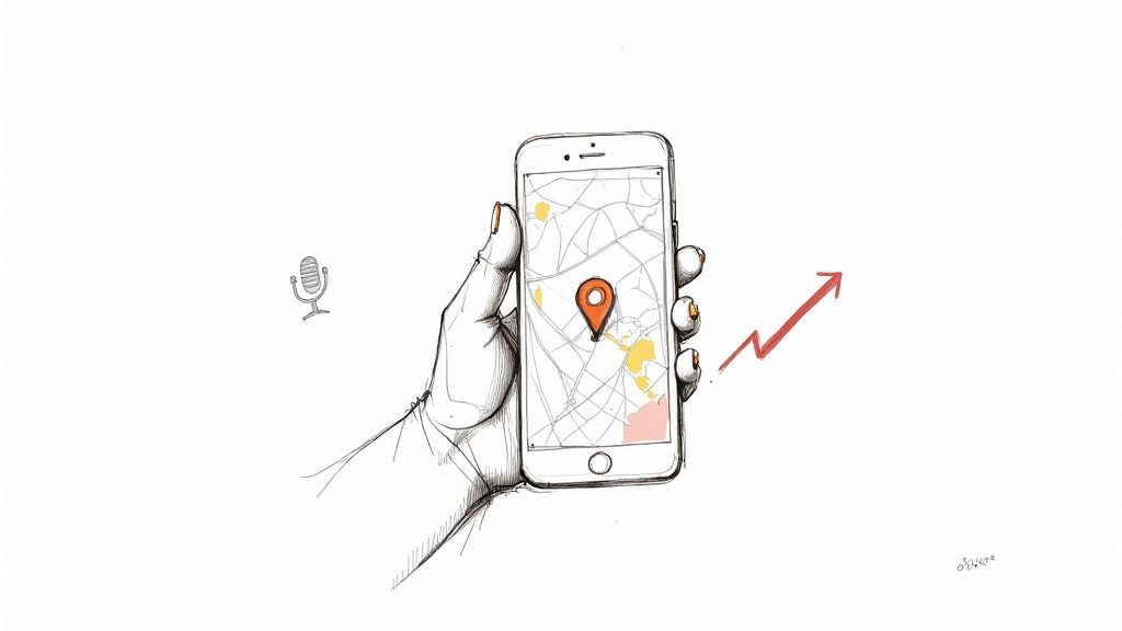 Sketch of a hand holding a smartphone map with a location pin, microphone, and a rising arrow.