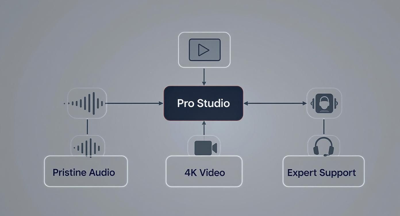 Diagram showing 'Pro Studio' offering pristine audio, 4K video, and expert support, with feature icons.