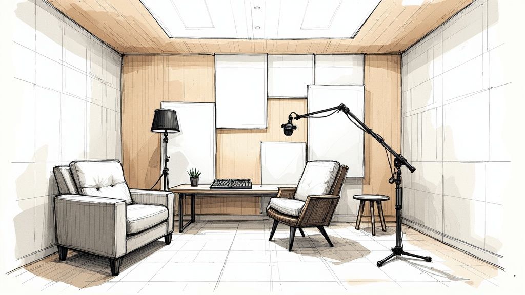 Modern minimalist podcast production studio interior with armchairs, desk, recording lamp, and acoustic panels